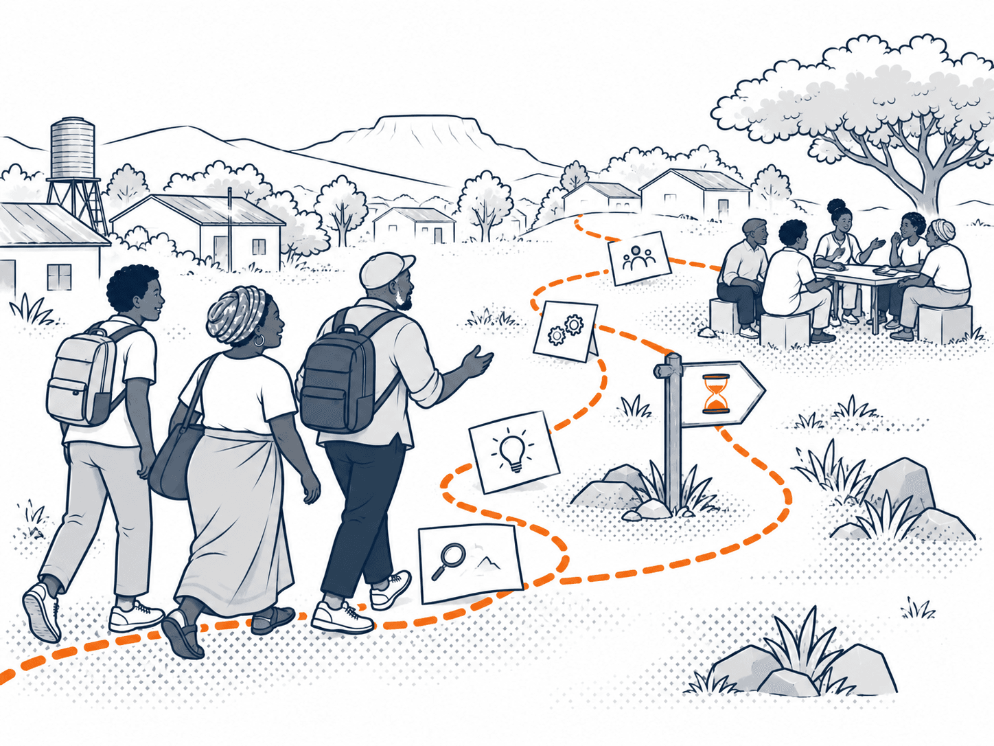 A dotted orange footpath winds through a neighbourhood as three people walk it together toward a meeting table, with small note cards along the way.
