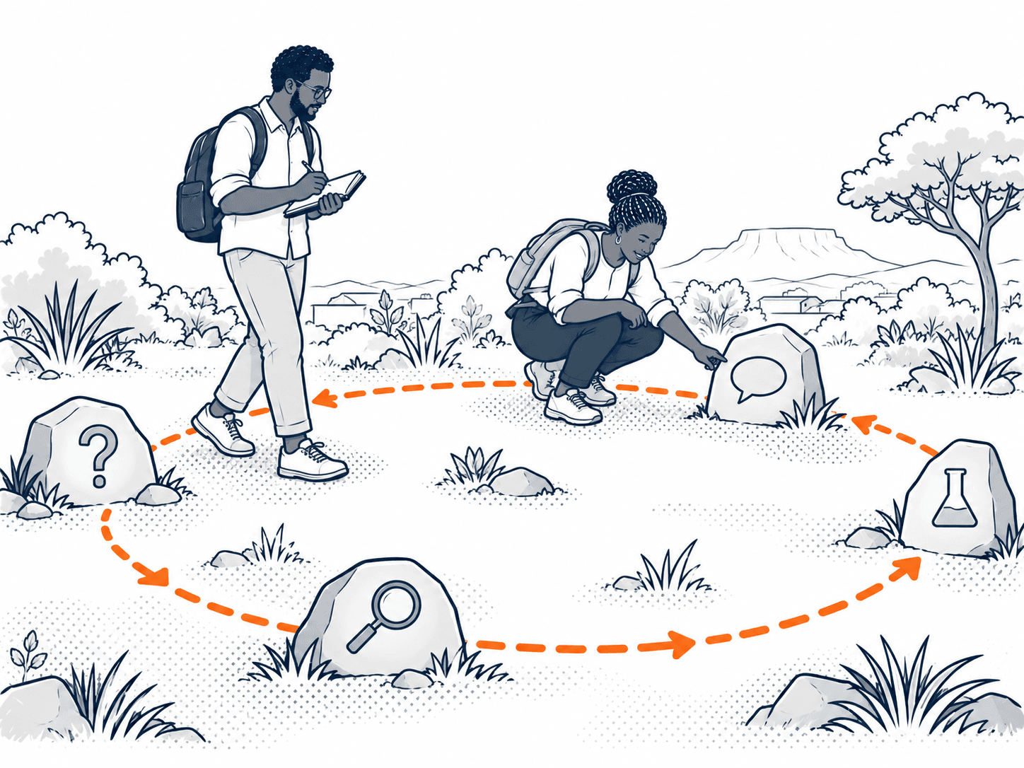Two people walk a large dotted orange loop past waymarker stones carved with a question mark, a beaker, a magnifying glass and a speech bubble.