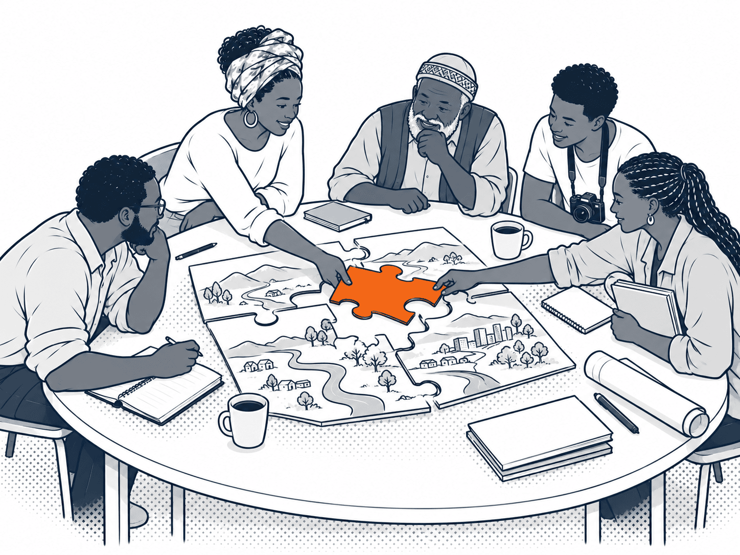 Five people around a round table fit large hand-drawn map pieces together into one shared map, two hands placing the final orange piece at once.