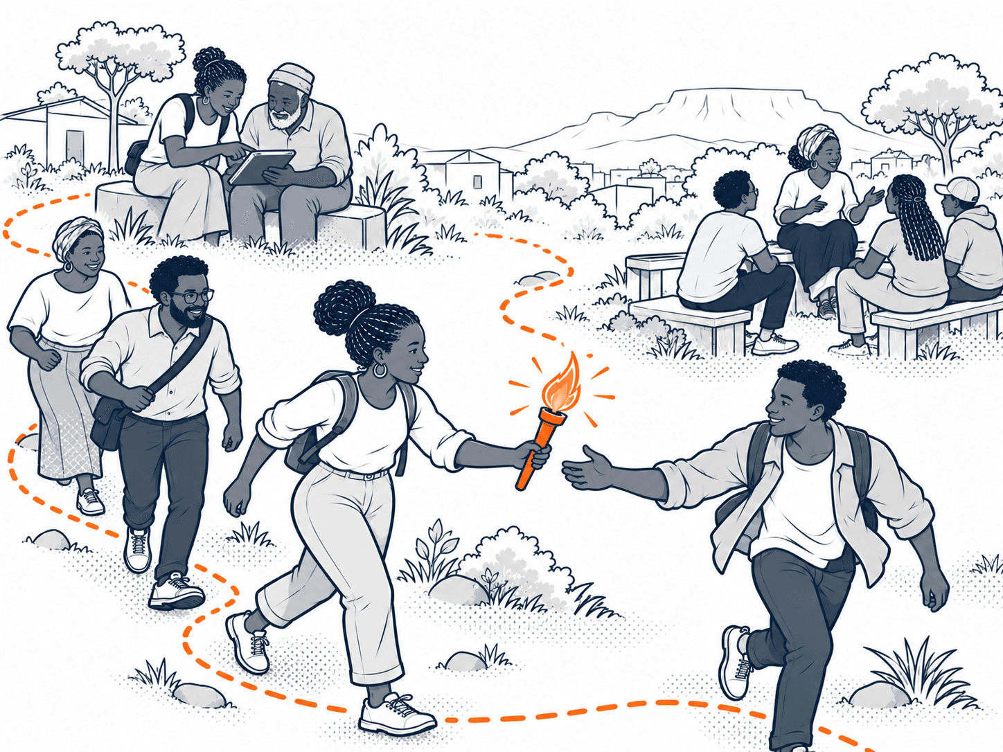 Champions pass an orange torch along a winding dotted path, with small scenes of mentoring and a group circle in the background.
