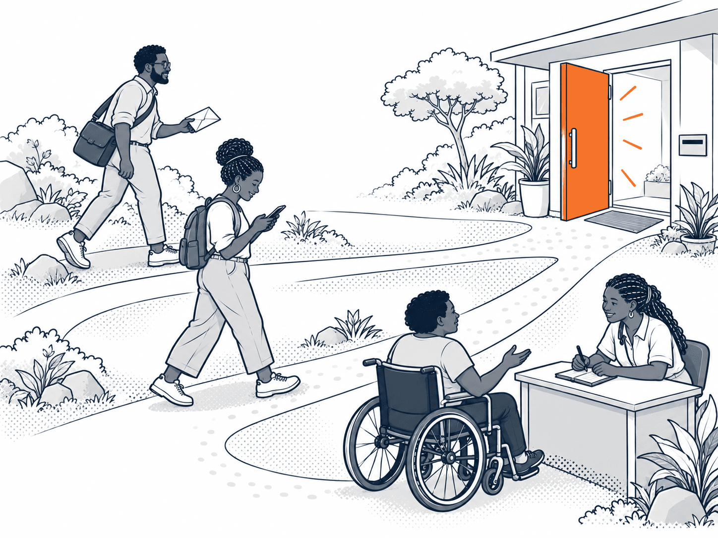 Three routes — a person carrying a letter, another typing on a phone, and a wheelchair user at a welcome desk — all reaching the same open orange doorway.