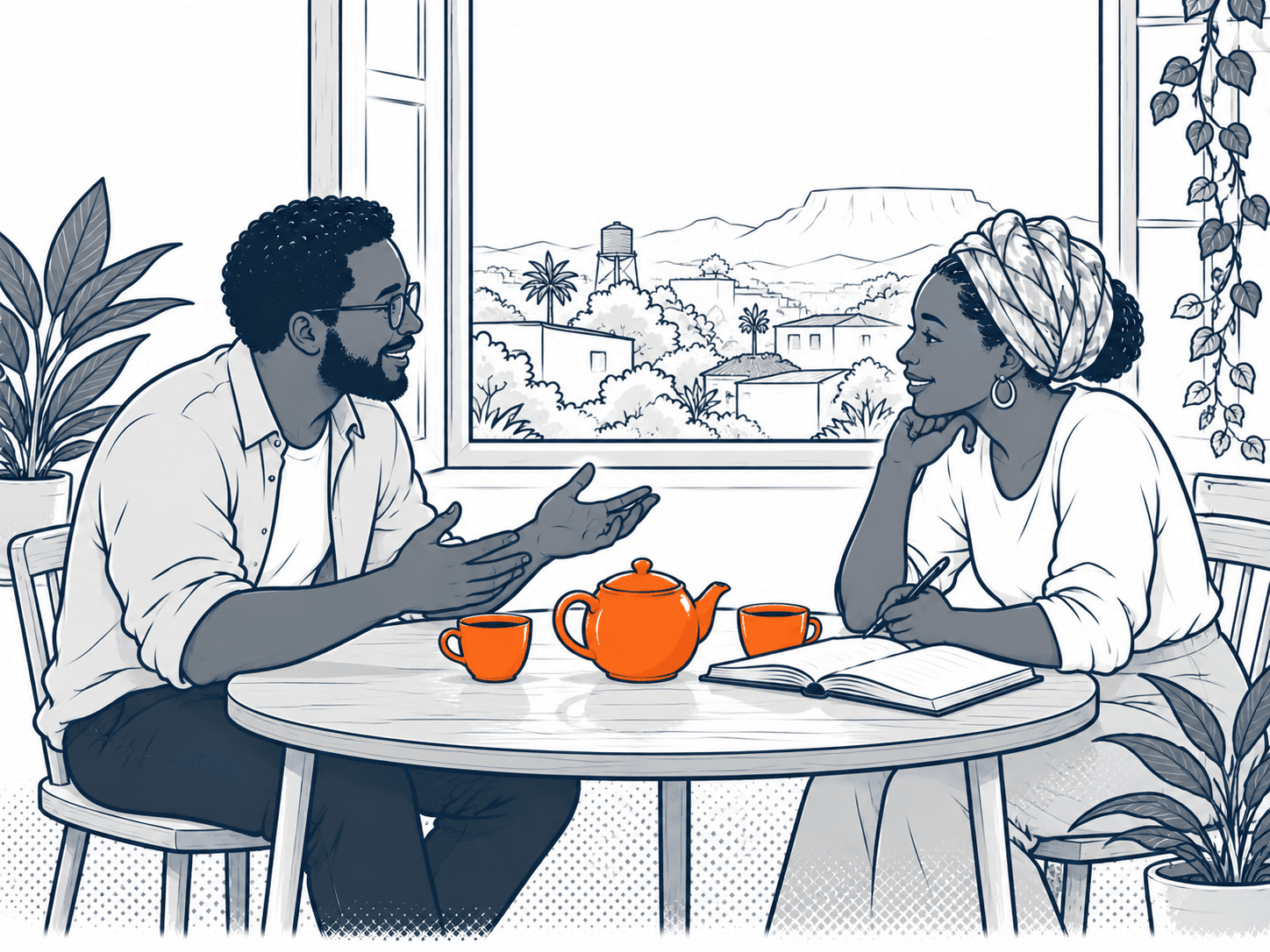 Two people in conversation over tea at a small table by a window, an open notebook between them and the neighbourhood skyline outside.